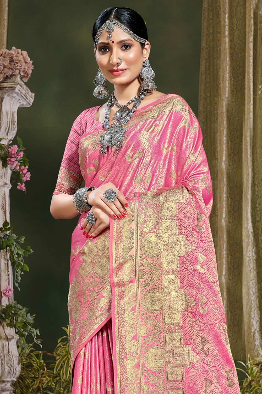 Pink Banarasi Silk Woven Saree