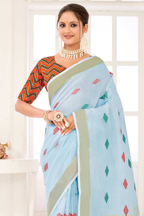 Blue Linen Woven Saree