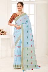 Blue Linen Woven Saree