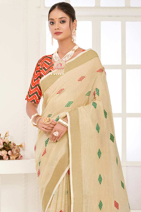 Beige Linen Woven Saree