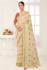 Beige Linen Woven Saree