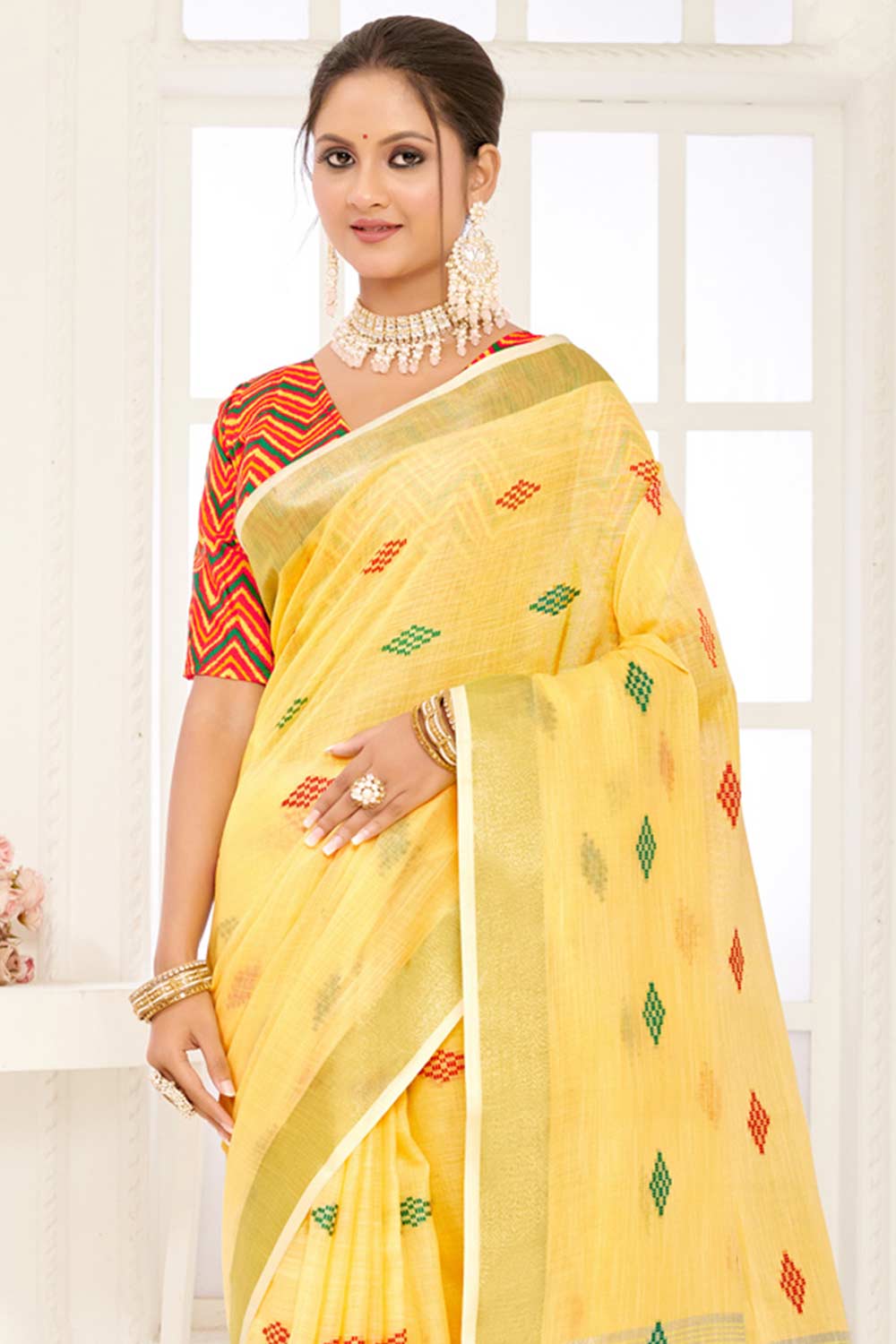 Yellow Linen Woven Saree