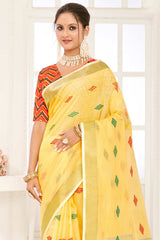 Yellow Linen Woven Saree