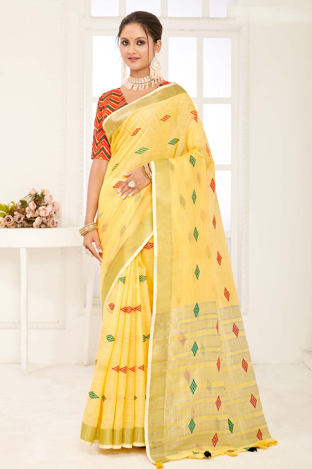 Yellow Linen Woven Saree