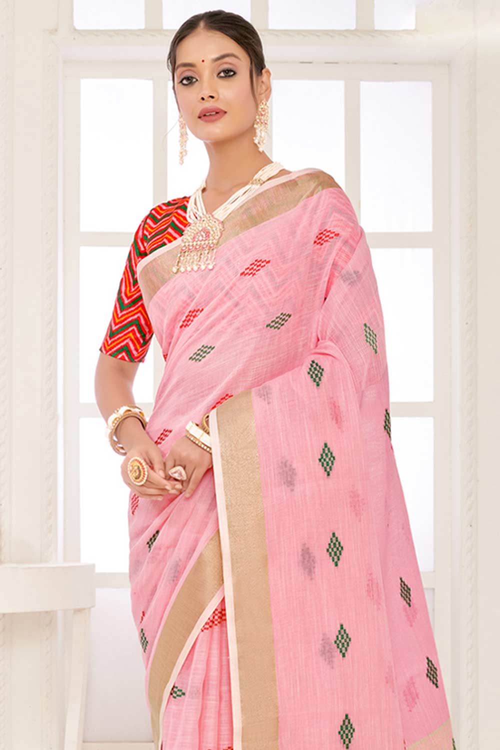 Pink Linen Woven Saree