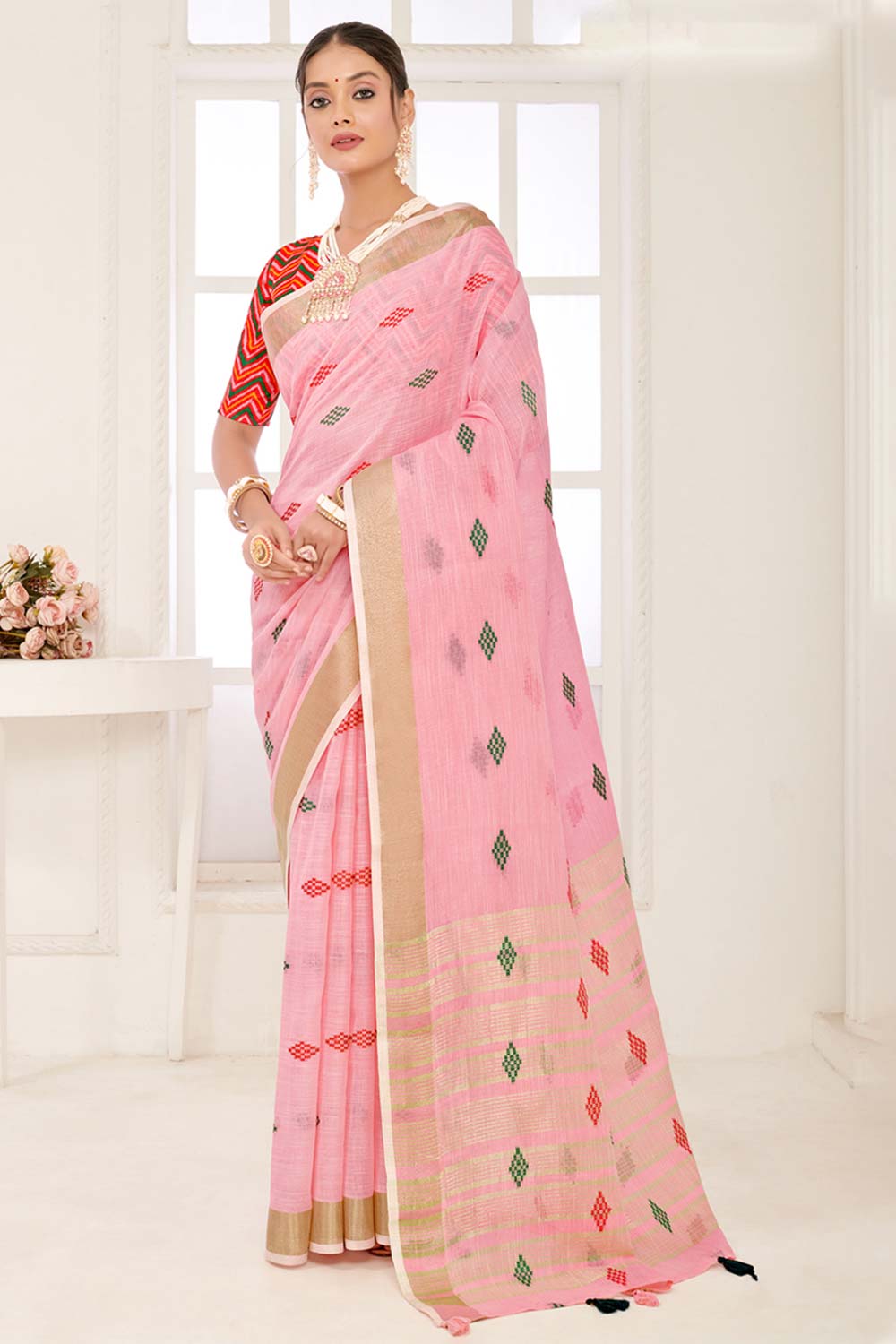 Pink Linen Woven Saree