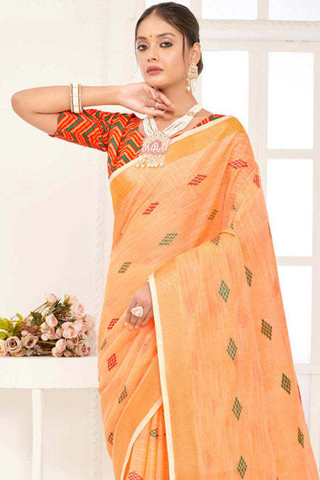 Orange Linen Woven Saree