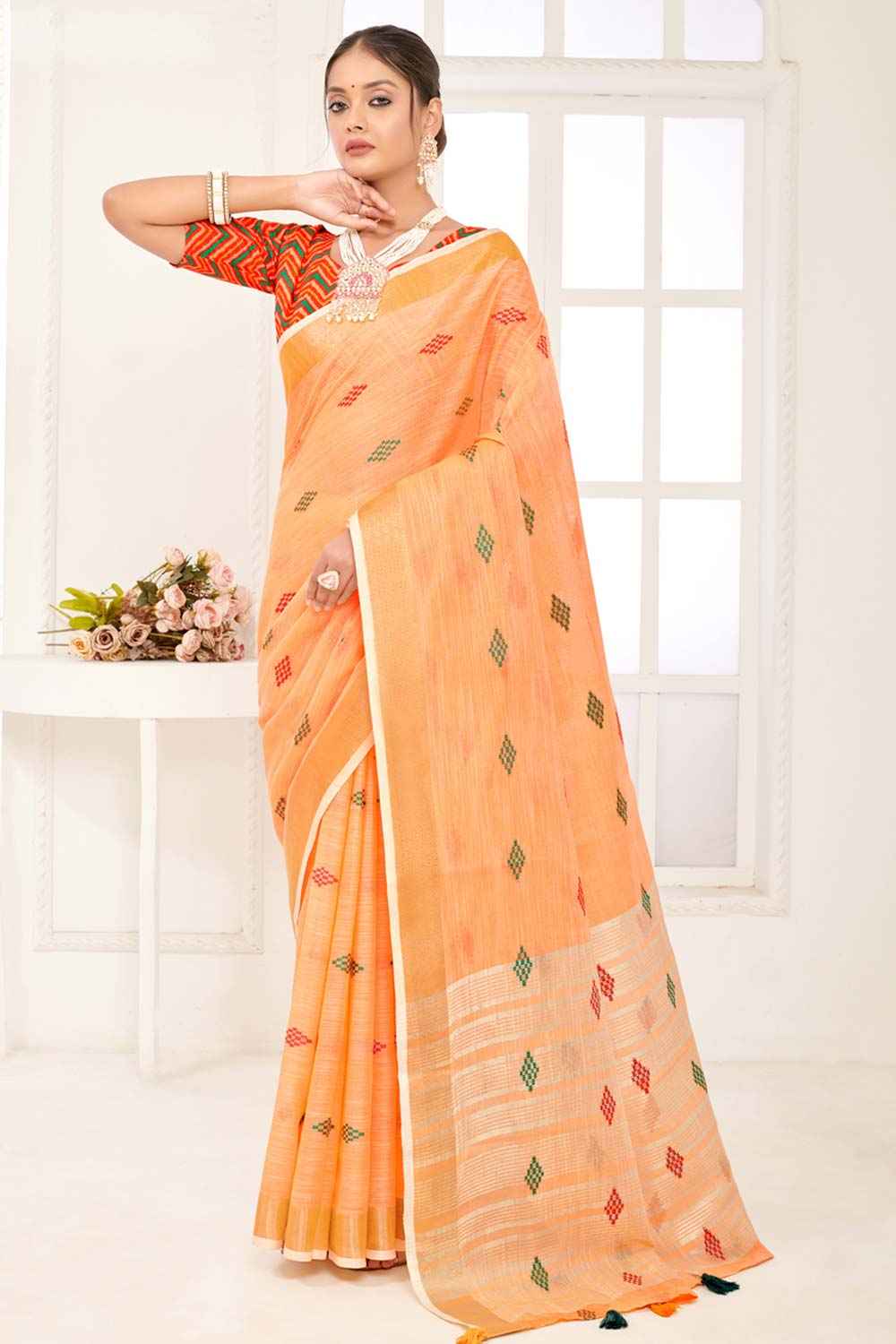 Orange Linen Woven Saree