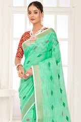 Sea Green Linen Woven Saree