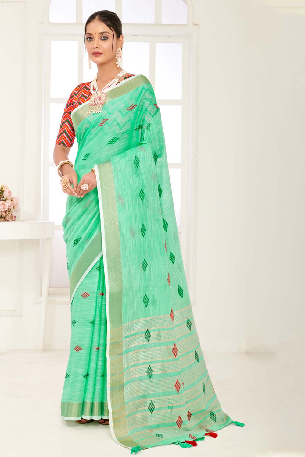 Sea Green Linen Woven Saree