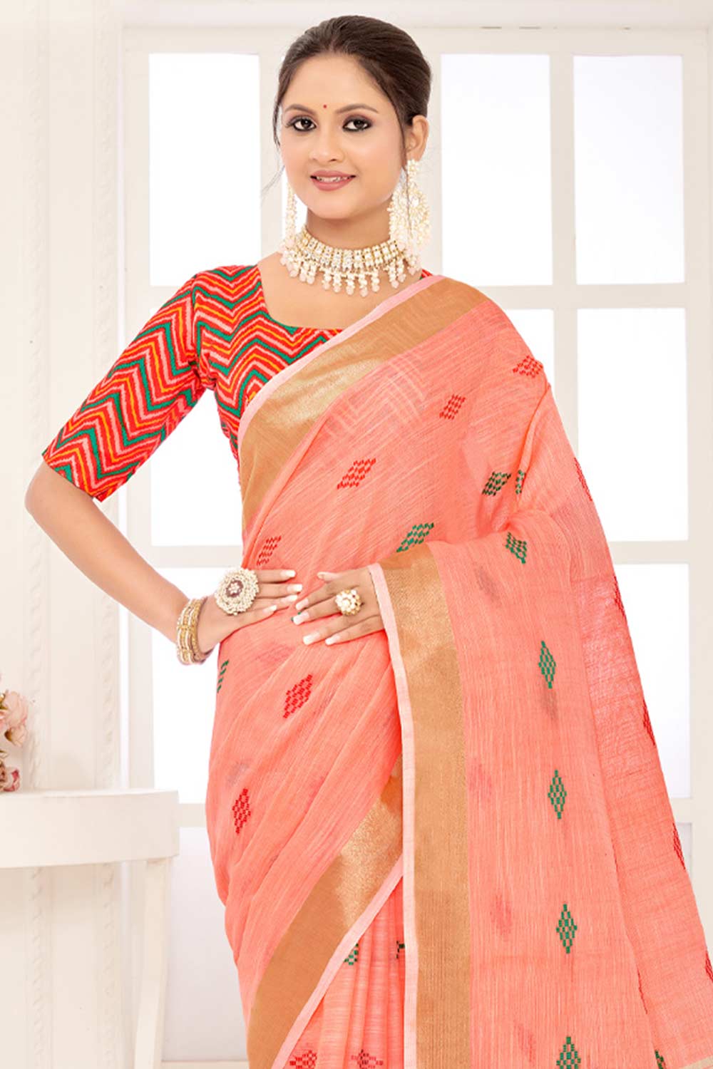 Peach Linen Woven Saree