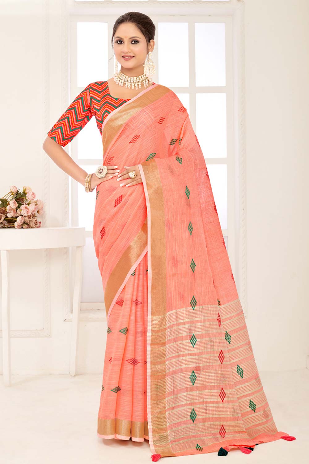 Peach Linen Woven Saree