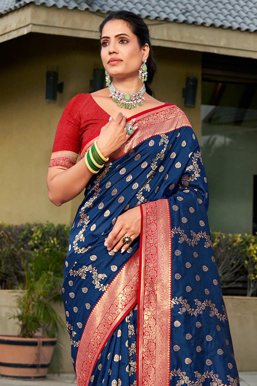 Navy Blue Banarasi Silk Woven Saree