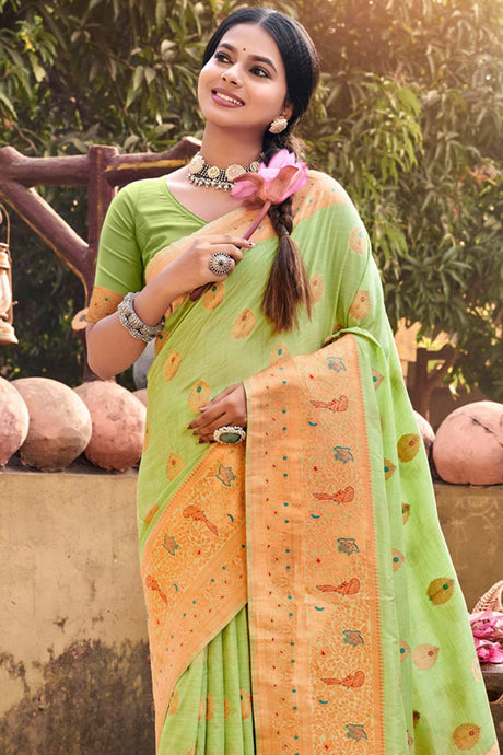 Green Cotton Woven Saree