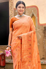 Peach Cotton Woven Saree