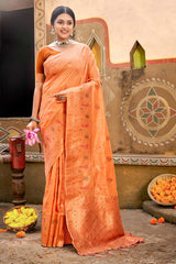 Peach Cotton Woven Saree