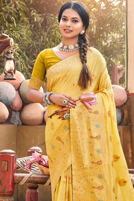 Yellow Cotton Woven Saree