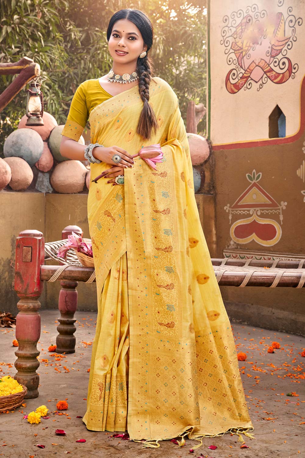 Yellow Cotton Woven Saree