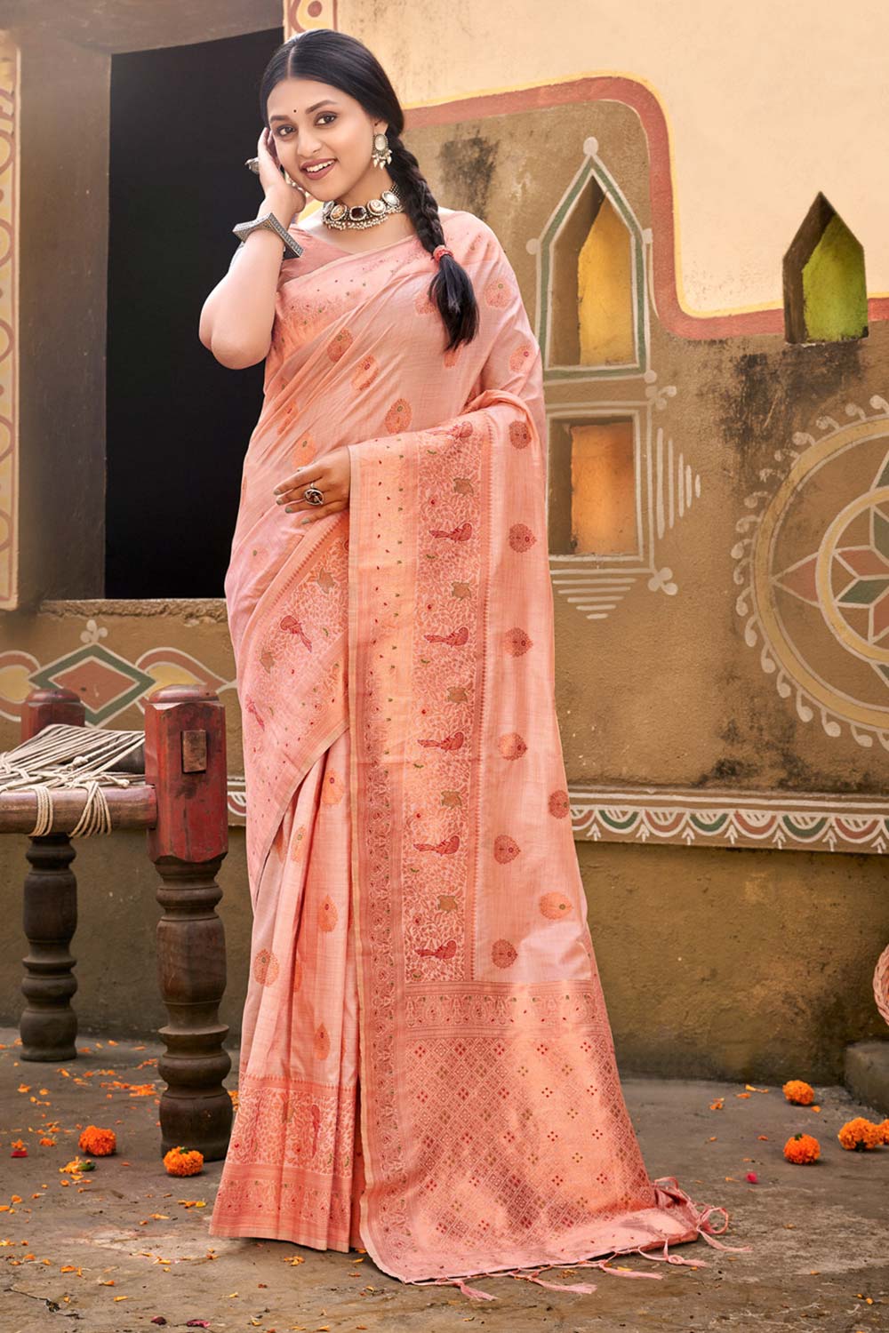 Pink Cotton Woven Saree