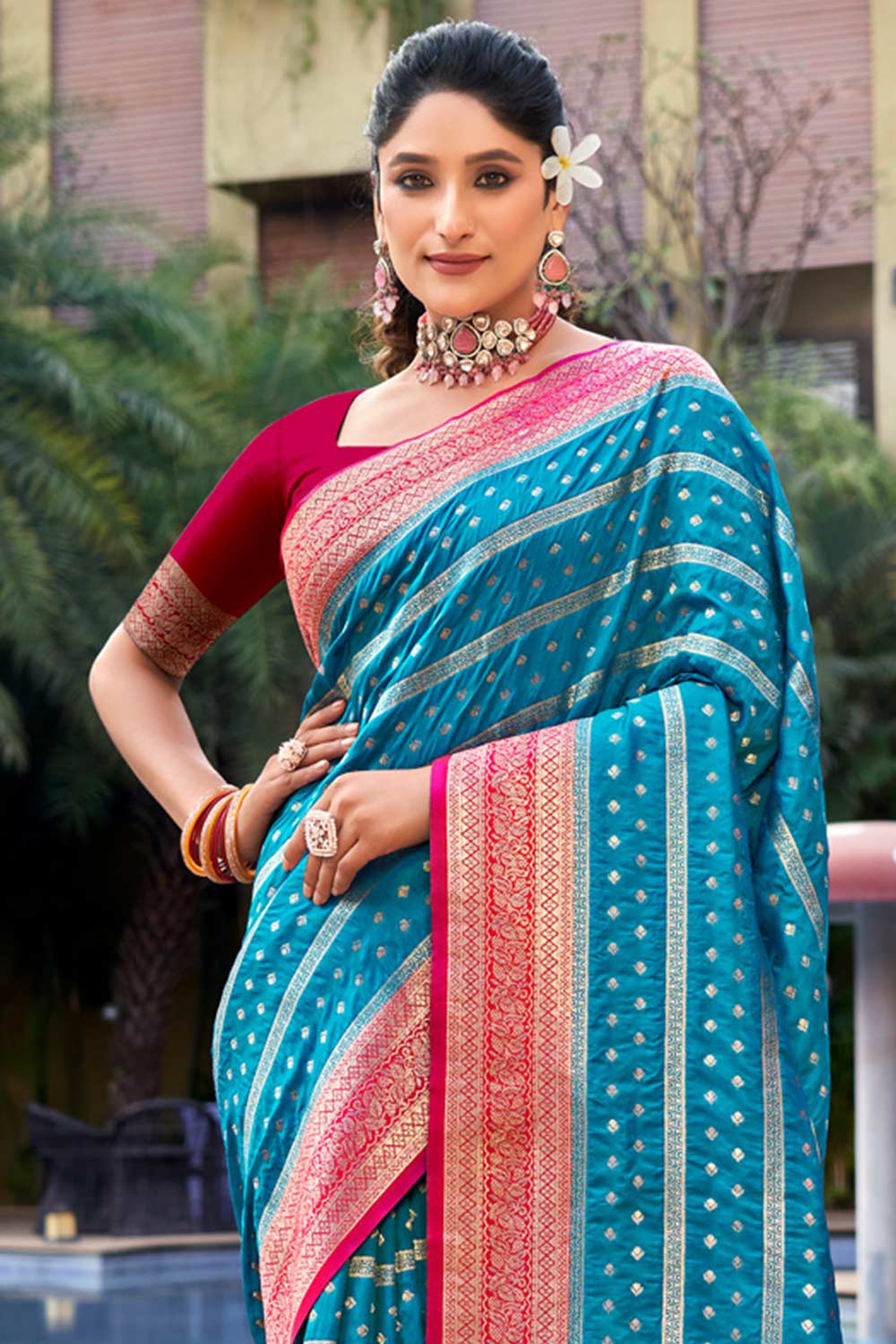 Teal Banarasi Silk Woven Saree