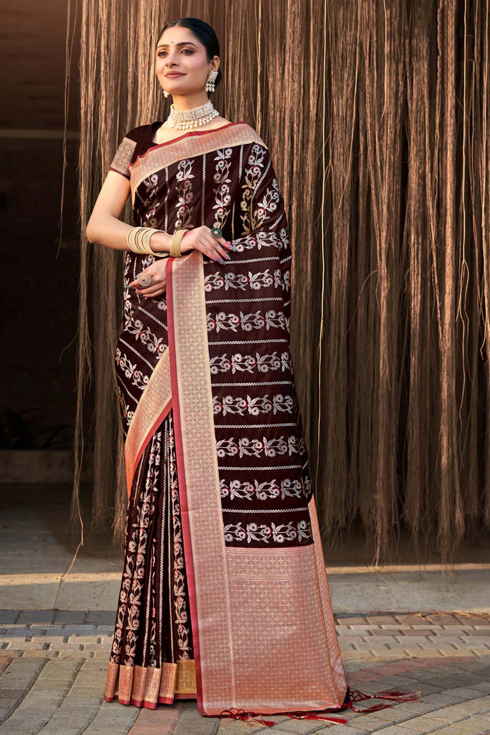 Brown Stain Silk Woven Saree