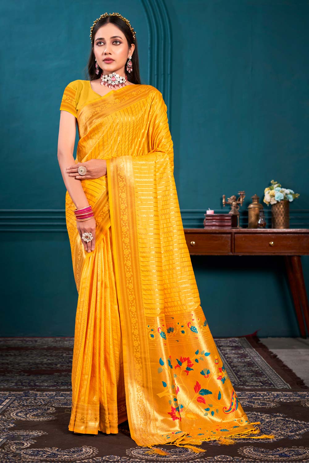 Yellow Paithani Silk Woven Saree