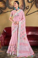 Pink Linen Woven Saree