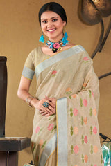 Beige Linen Woven Saree