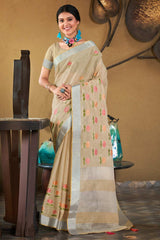 Beige Linen Woven Saree