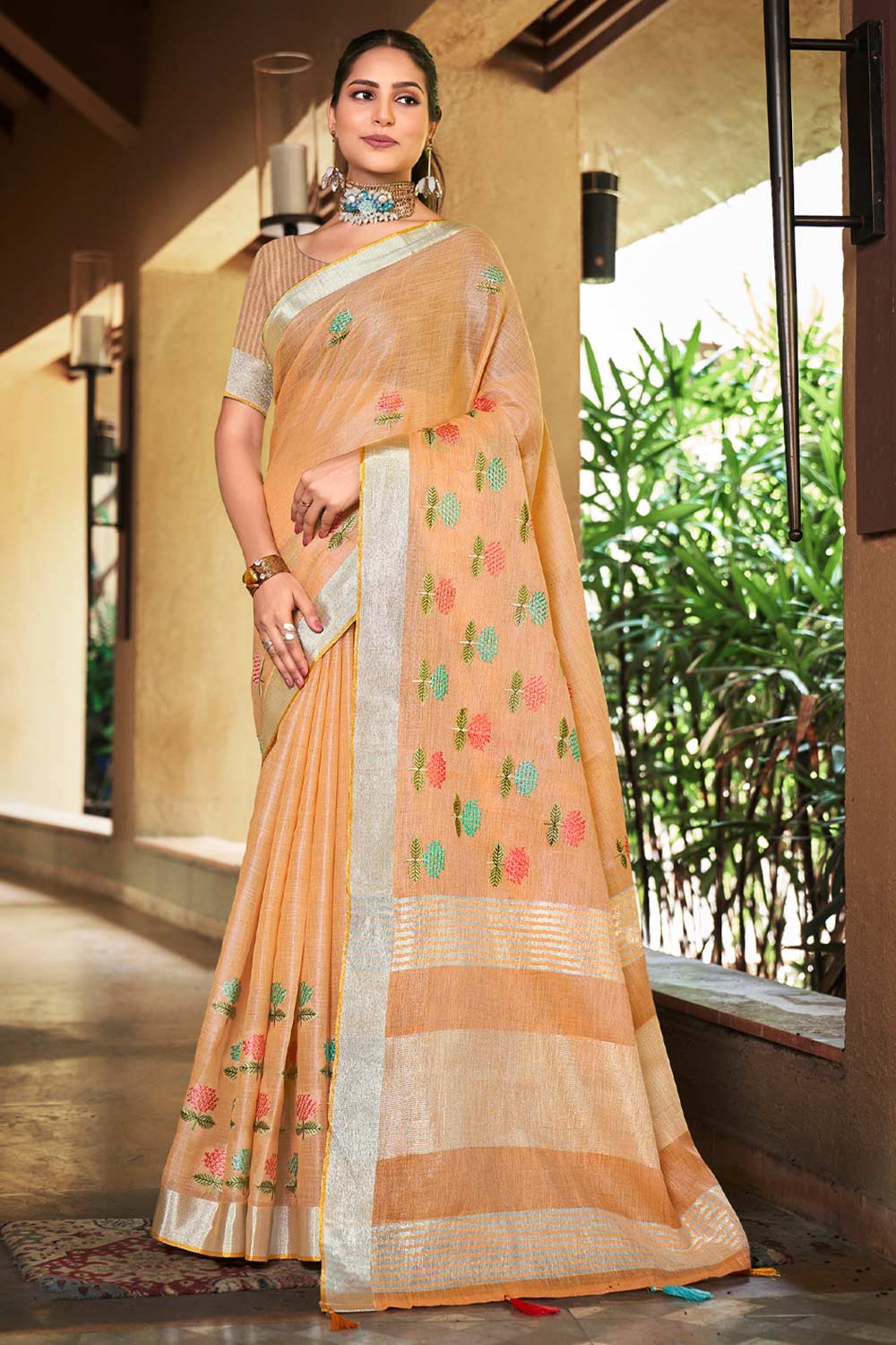 Cream Linen Woven Saree