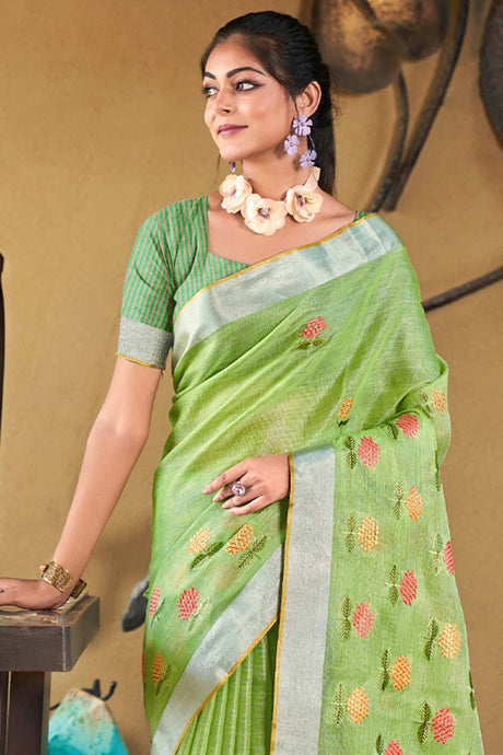 Green Linen Woven Saree