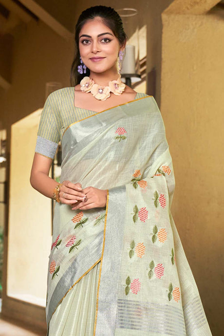 Sea Green Linen Woven Saree