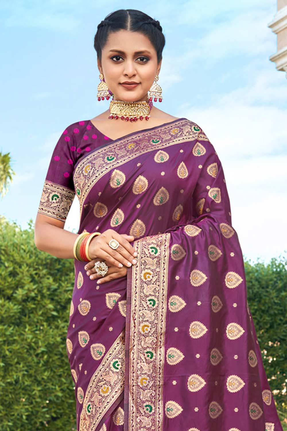 Wine Banarasi Silk Woven Saree