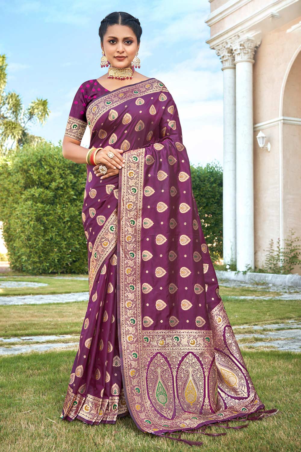 Wine Banarasi Silk Woven Saree