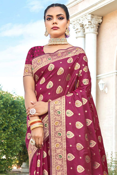 Wine Banarasi Silk Woven Saree