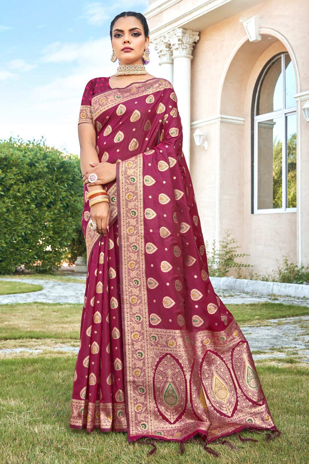 Wine Banarasi Silk Woven Saree