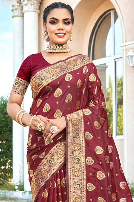 Maroon Banarasi Silk Woven Saree