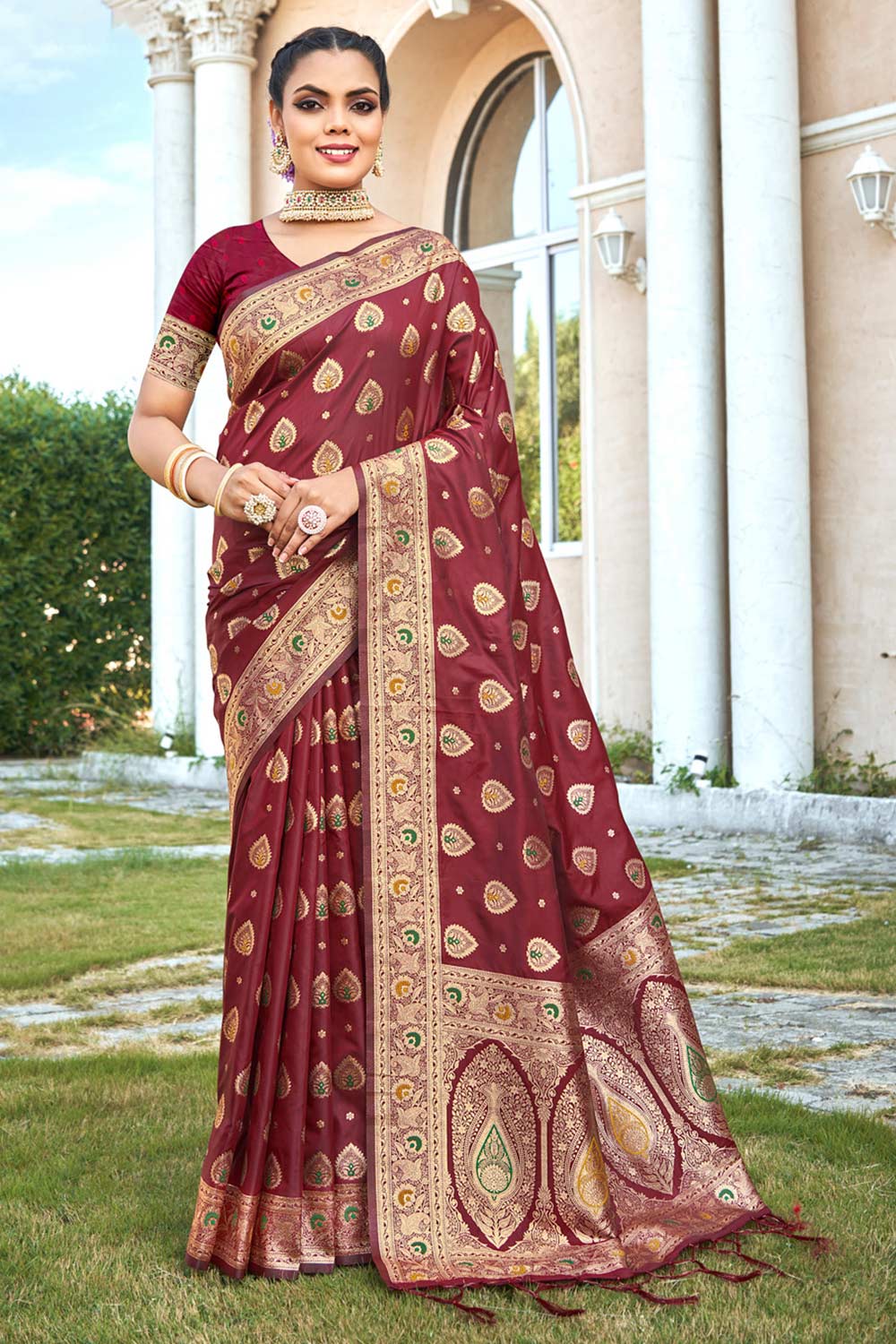 Maroon Banarasi Silk Woven Saree