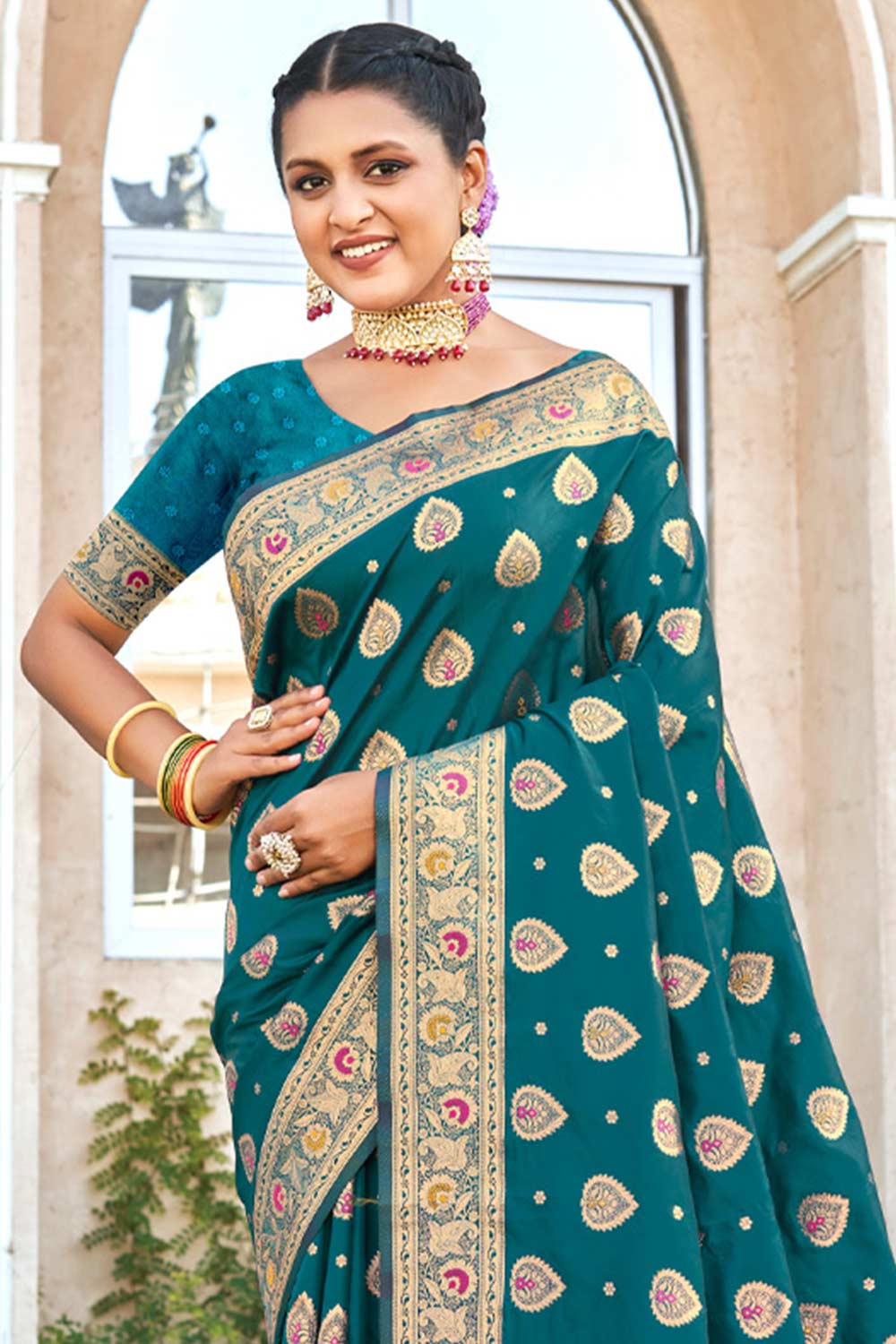 Teal Banarasi Silk Woven Saree