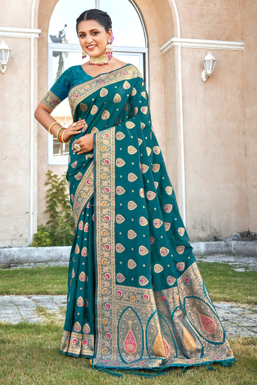 Teal Banarasi Silk Woven Saree