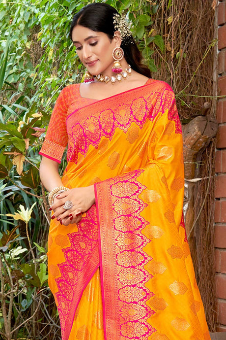 Yellow Banarasi Silk Woven Saree