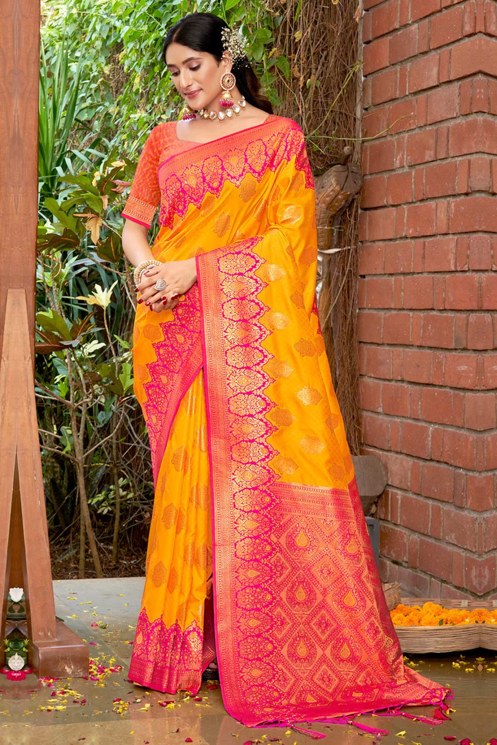 Yellow Banarasi Silk Woven Saree