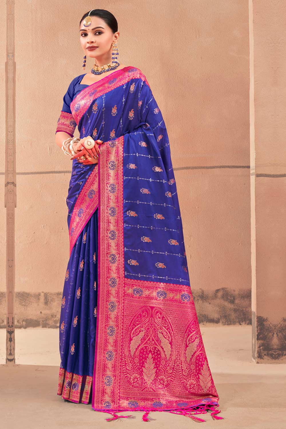 Navy Blue Banarasi Silk Woven Saree