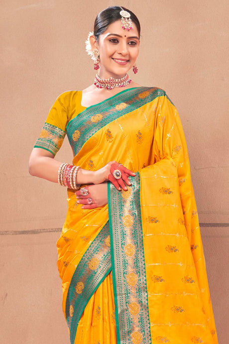 Yellow Banarasi Silk Woven Saree