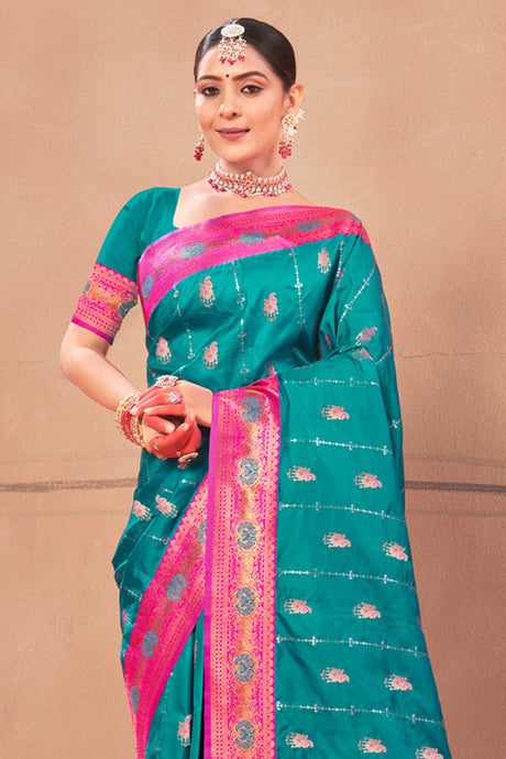 Teal Banarasi Silk Woven Saree