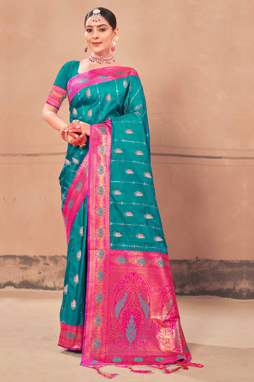 Teal Banarasi Silk Woven Saree