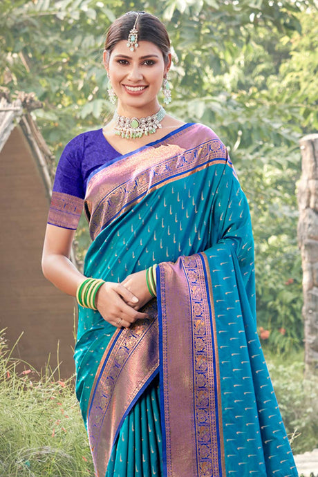 Teal Banarasi Silk Woven Saree