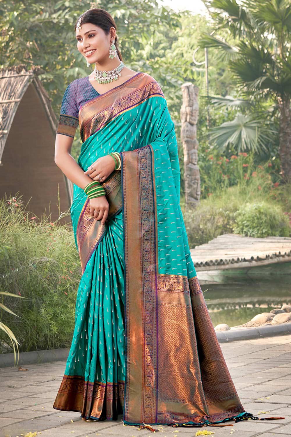 Teal Banarasi Silk Woven Saree