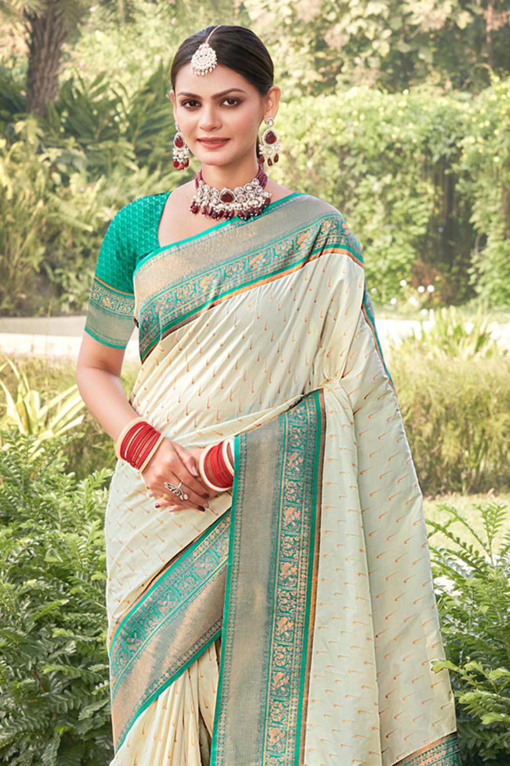 Beige Banarasi Silk Woven Saree