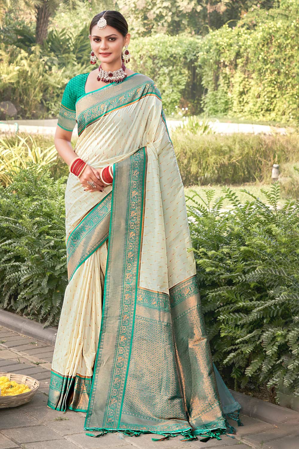 Beige Banarasi Silk Woven Saree